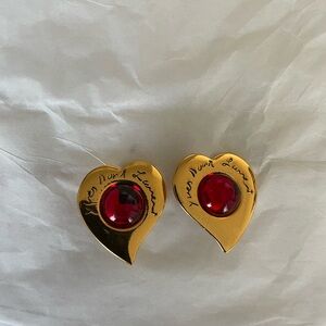 Yves Saint Laurent Vintage Earrings Gold Heart Red Stone Clip on Rare